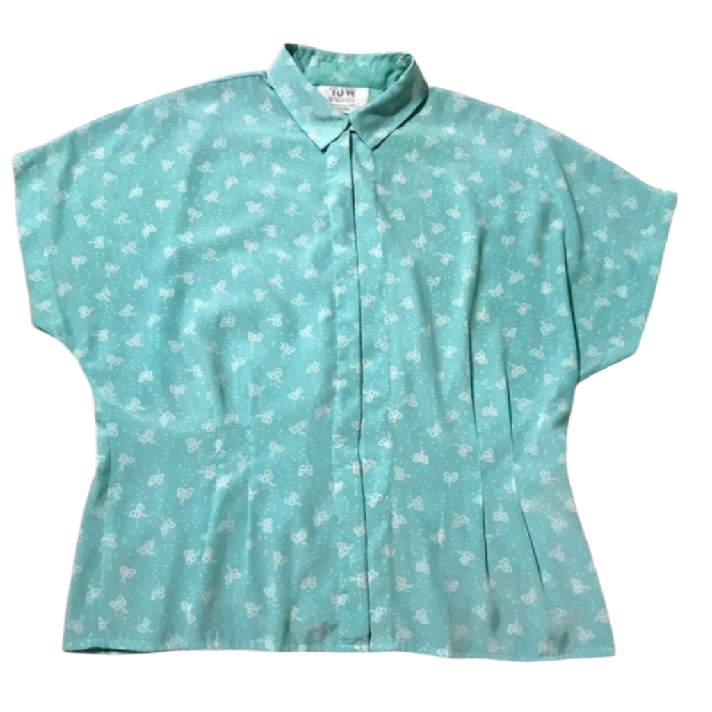 Vintage Mervyn’s Bow Print Blouse 80s / 90s Teal Button Down Womens Size 12